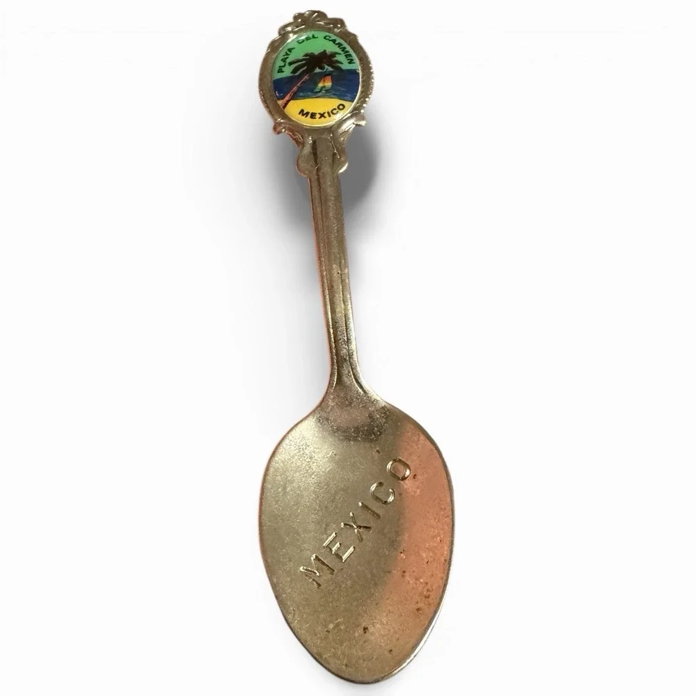 Vintage Playa Del Carmen Mexico Souvenir Spoon Enameled Beach Palm Tree Crest